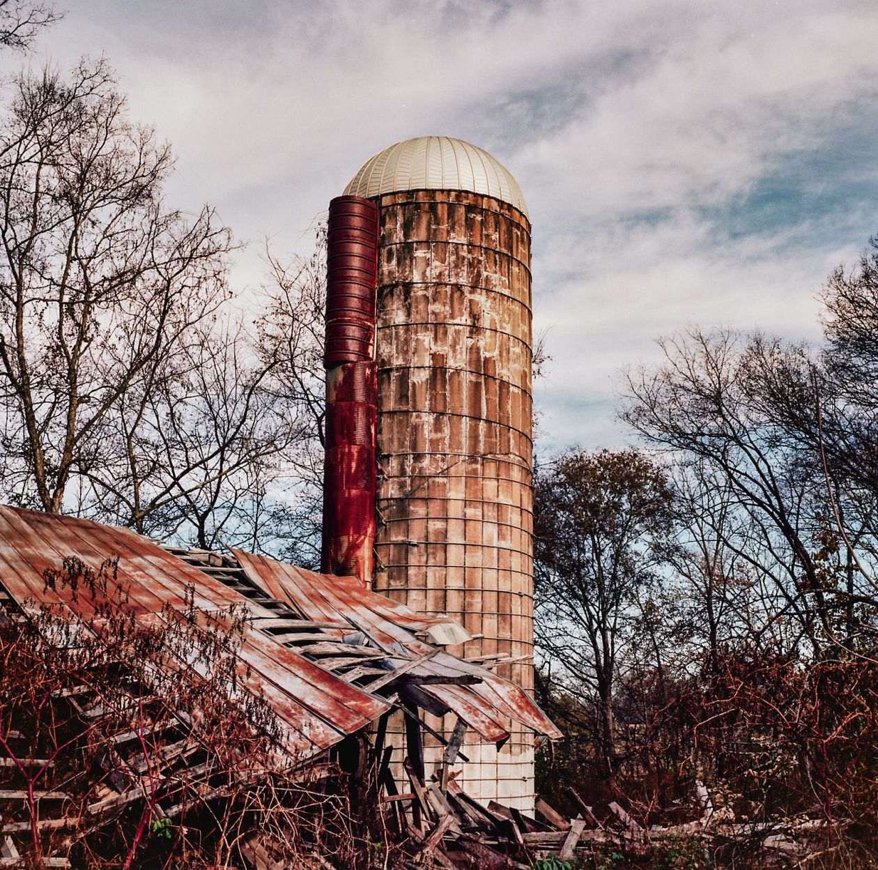 Abandoned grain silo on a background of trees and sky. Tennessee