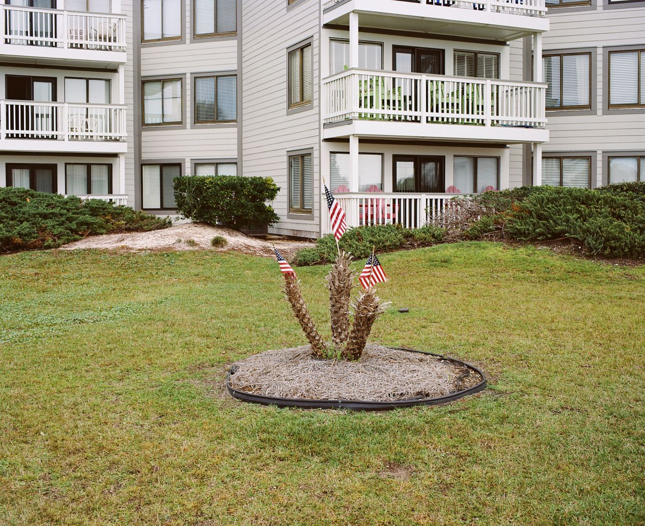 Modern apartment building exterior with green grass lawn and flower bed in front.